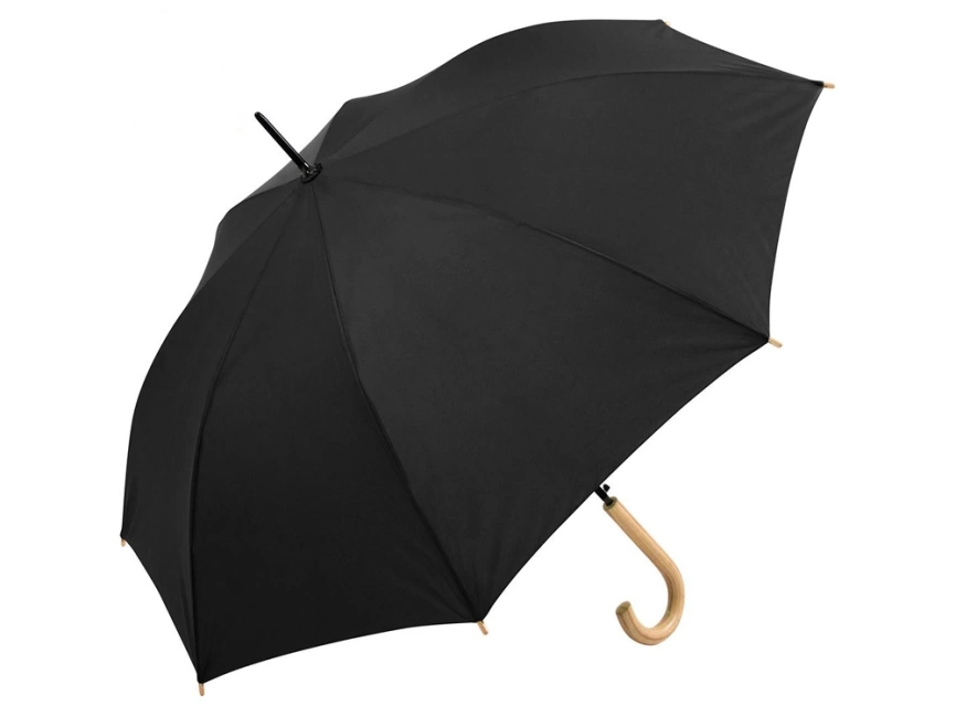 Зонт-трость Okobrella с деревянной ручкой и куполом из переработанного пластика, черный фото 1