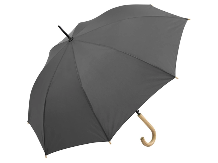 Зонт-трость Okobrella с деревянной ручкой и куполом из переработанного пластика, серый фото 1