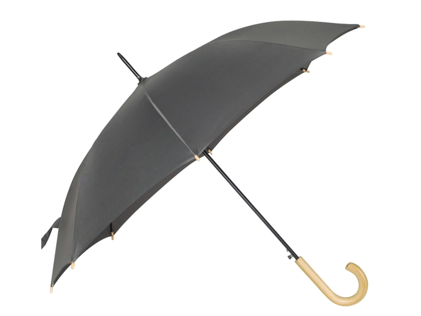 Зонт-трость Okobrella с деревянной ручкой и куполом из переработанного пластика, серый фото 4